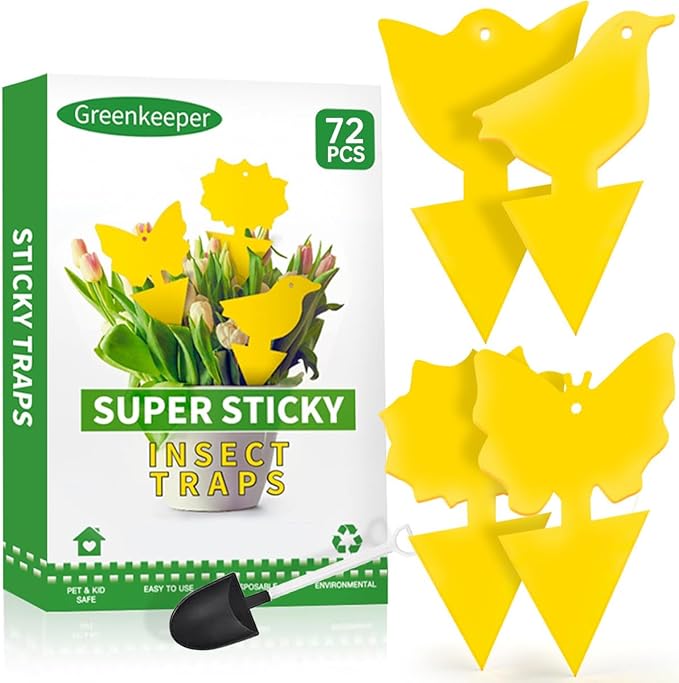 72 Pcs Classic Sticky Traps for Fungus Gnat (Plants), Flying Insect, Whitefly and Fly, Yellow Sticky Insect Catcher Traps for Indoor/Outdoor, Kitchen, and Plants, High-End Glue, Non-Toxic, 4 Shapes
