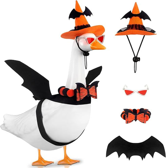Halloween Porch Goose Outfit Set for 23'' Plastic Statue Lawn Porch Goose Clothes with Bat Wings Halloween Costumer for Indoor Outdoor Patio Yard Lawn Art Decor