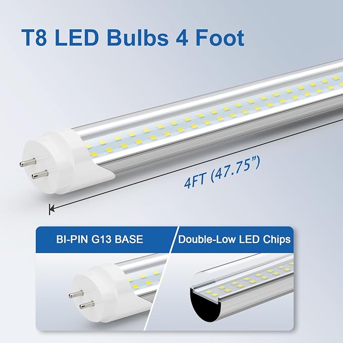48 Inch LED Bulbs (25 Pack), T8 T10 T12 65W Equivalent Fluorescent Replacement, 24W 3120Lm, 6500K Cool White, Type A+B 4 Foot Tube Light for Office Shop Light, Remove Ballast or Plug & Play