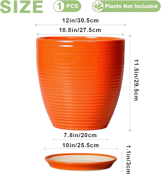 12 Inch Pots for Plants - Ceramic Plant Pots with Drainage Hole and Saucer, Modern Planter for Indoor Outdoor, Round Flower Planters, Porch Home Garden Decor, Gifts for Women, Orange