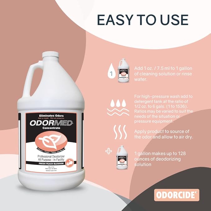 ODORMED Odor Eliminator Concentrate – Pet Odor Eliminator for Strong Odor on Floors, Walls, Cages & More – All-Purpose Carpet Deodorizer w/Safe, Non-Enzymatic Formula (1 Gal, Fresh Peach Blossom)