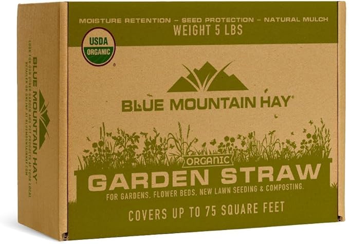 Blue Mountain Hay | Organic Garden Straw (5 lb) | Natural Mulch for Gardening, Flower Beds, Yard Landscaping, New Lawn Grass Seeding, Composting | Covers up to 75 sq ft