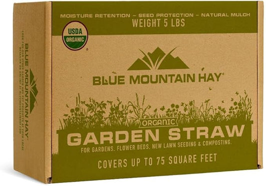 Blue Mountain Hay | Organic Garden Straw (5 lb) | Natural Mulch for Gardening, Flower Beds, Yard Landscaping, New Lawn Grass Seeding, Composting | Covers up to 75 sq ft