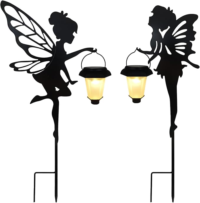 Solar Fairy Garden Stake Decorative Lantern, 2 Pack Metal Fairy Angel Garden Silhouette Lights for Lawn, Pathway, Patio, Yard Outdoor Decor