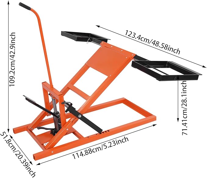 Lawn Mower Lift with Hydraulic Jack 500 Lbs Weight Capacity, Solid Carbon Steel Lawn Mower Lift, Adjustable Wheel Span Lawn Lifter for Garden Tractors and Lawn Mowers (Orange+ Black)