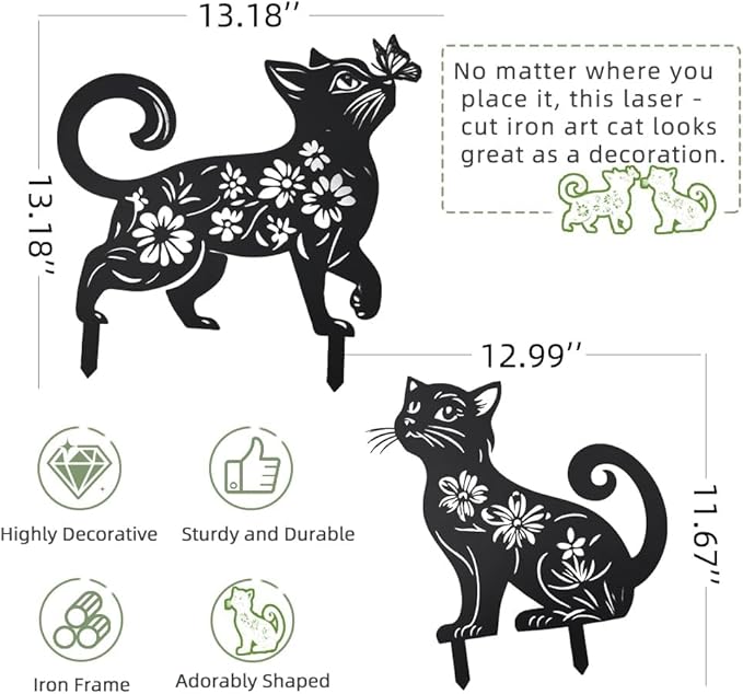 Metal Cat Garden Decor for Outside (2 Pack), 14" Yard Art Stakes,Unique Gift for Kitty Lovers, Outdoor Lawn Statues and Weather Resistant Yard Art
