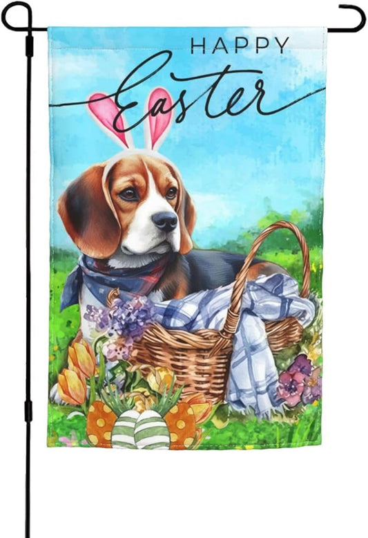 Beagle Dog Flower Happy Easter Bunny Cute Egg Garden Flag Welcome Party Outdoor Outside Decorations Picks Home House Garden Yard Decor 12x18 Inch