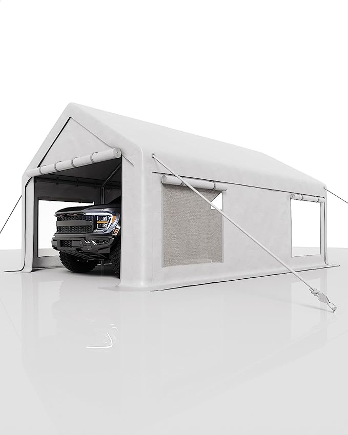 10X20Ft Waterproof Carport Canopy with Roll-Up Mesh Windows & Double Zipper Doors, 180g PE Tarp Cover for Cars, Trucks, SUVs, RVs, Boats & Outdoor Equipment Storage, White