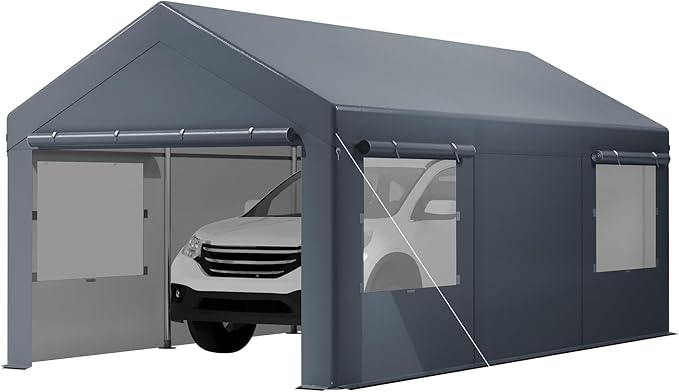 10x20 Ft Heavy Duty Carport, Portable Garage with Sidewalls, Doors, Ventilated Windows, Waterproof and UV Resistant Carport Canopy for Cars, Boats, Suvs, Gray
