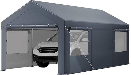 10x20 Ft Heavy Duty Carport, Portable Garage with Sidewalls, Doors, Ventilated Windows, Waterproof and UV Resistant Carport Canopy for Cars, Boats, Suvs, Gray