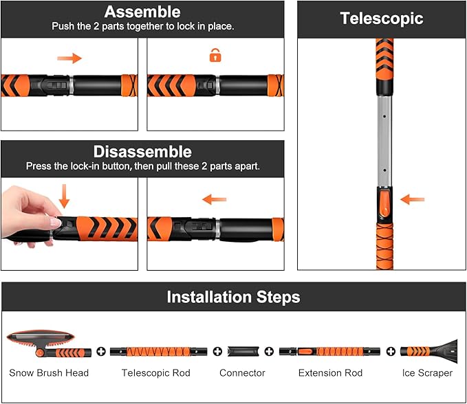 Nuovoware 60" Ice Scraper and Extendable Snow Brush for Car Windshield, 5 in 1 Adjustable Snow Removal Tools with 270° Pivoting Brush Head for Car Auto Truck SUV, Orange