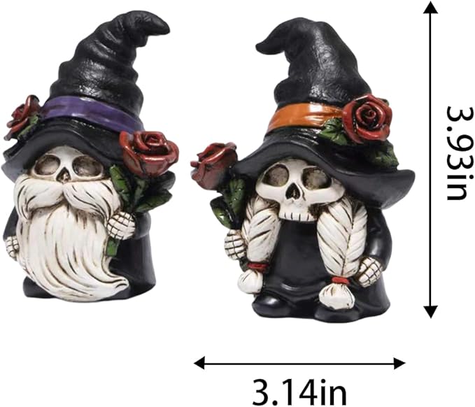 Hodao Halloween Gnomes Decorations Indoor, Resin Halloween Skull Head Handmade Figurines with Witch Hat & Rose Decor for Gift Home Bedroom Party Office Table - 2 Pcs, Black Hats