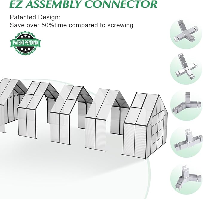 10'x10'x28' Snap-Together Greenhouse - Easy 3-Way Connectors, Heavy-Duty Aluminum Frame, Wind/Snow Resistant for Gardening/Urban Farming, Includes Sliding Door & Ventilation Windows