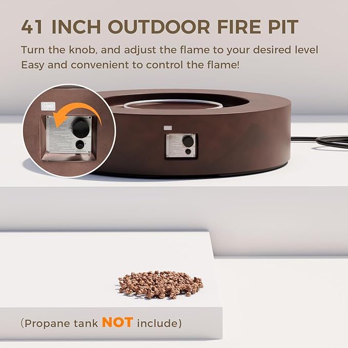 SUNBURY Outdoor 42-Inch Propane Fire Pit,CSA Certified,Dark Brown Concrete Patio Fire Table 50,000 BTU w Waterproof Cover, Lava Rocks