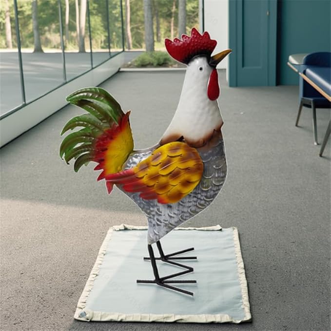 Metal Rooster Statue, Garden Outdoor Decor, Red and Gold Feathers, Weather Resistant, Metal Chicken Yard Art Sculpture, Iron Garden Animal Statue
