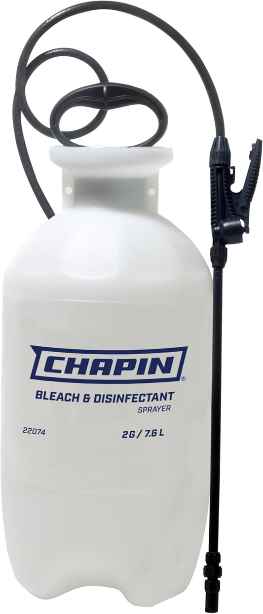 Chapin 22074: Made in The USA Disinfectant Bleach Pressure Pump Tank Sprayer, 2-Gallon, Adjustable Cone Nozzle, Compatible with Bleach Solutions and Fungicides, Translucent White