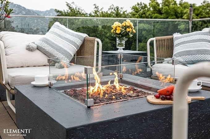 Elementi Manhattan Gas Fire Pit Bundle Concrete Fire Table, Outdoor Fire Pit Electronic Ignition | Canvas Cover, Lava Rock Included | Free AMS Wind Guard | Dark Gray (Propane Gas)