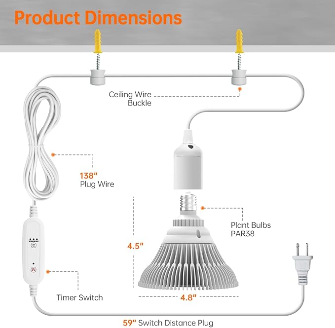 Hanging Grow Lights for Indoor Plants, 25W Full Spectrum, White Plant Light Bulb with Timer, 16.4FT Power Cord, 5000K, Pendant or Ceiling Installation, Perfect for Tall Plants, and Plant Shelf