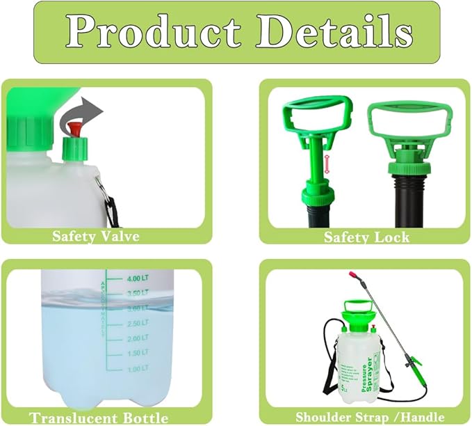 1.3Gal/5L Garden Sprayer, Pressurized Water Spray Bottle with Adjustable Shoulder Strap Pump Pressure Sprayer (Green-5L)