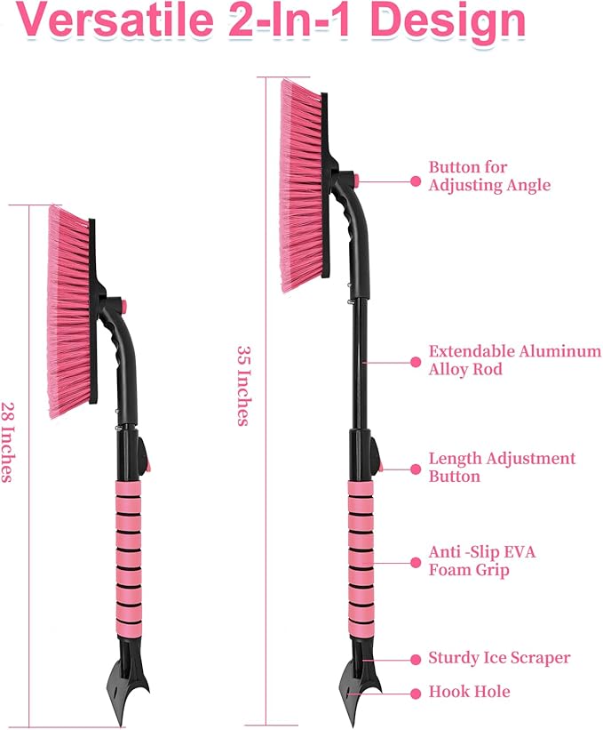 SEAAES 35 Inch Ice Scraper and Snow Brush for Car Windshield, Extendable Snow Scraper Brush with Foam Grip for Truck SUV Vehicle Window - Pink