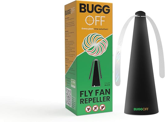 BUGGOFF Black Fly & Flying Insect Repellent Fan with Twin Blades, Table top & Hangable, Battery Powered or 5V Plug in, Batteries NOT Included. Safe Blades with Auto Stop. (1 Pack)