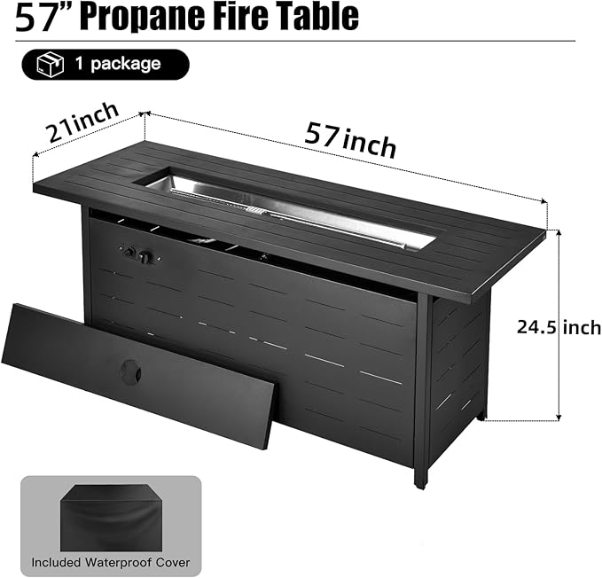 57 inch Propane Fire Pit Table,50000 BTU Gas Fire Pits Table with Lid & Lava Rock & Waterproof Cover, Outdoor Propane Firepit for Dining or Party, Outside, Patio, Garden, Yard