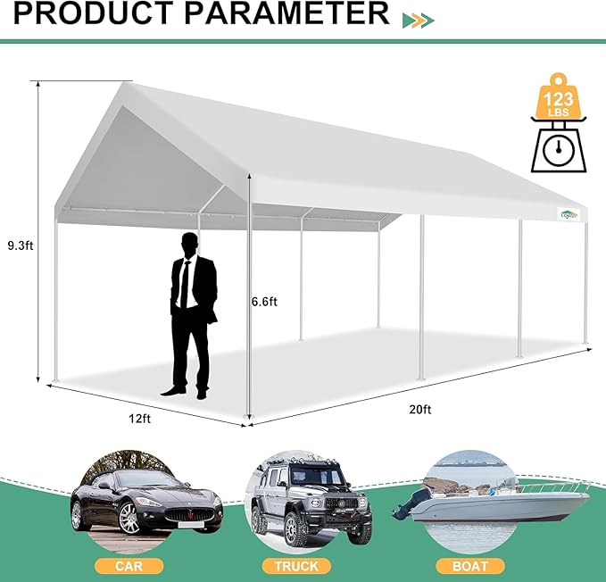 COBIZI 12x20ft Carport Heavy Duty, Portable Car Garage Outdoor Party Tent with Built-in Sandbags, Waterproof Car Canopy for Truck, Boat, SUV with All-Season Tarp, White