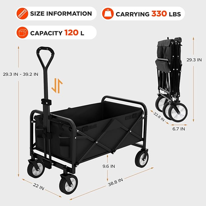 PayLessHere 38" Collapsible Wagon Folding Foldable Garden Cart with Large Capacity, 330 LBS Capacity Portable Utility Wagon Cart Heavy Duty for Beach Camping Shopping Garden,Black