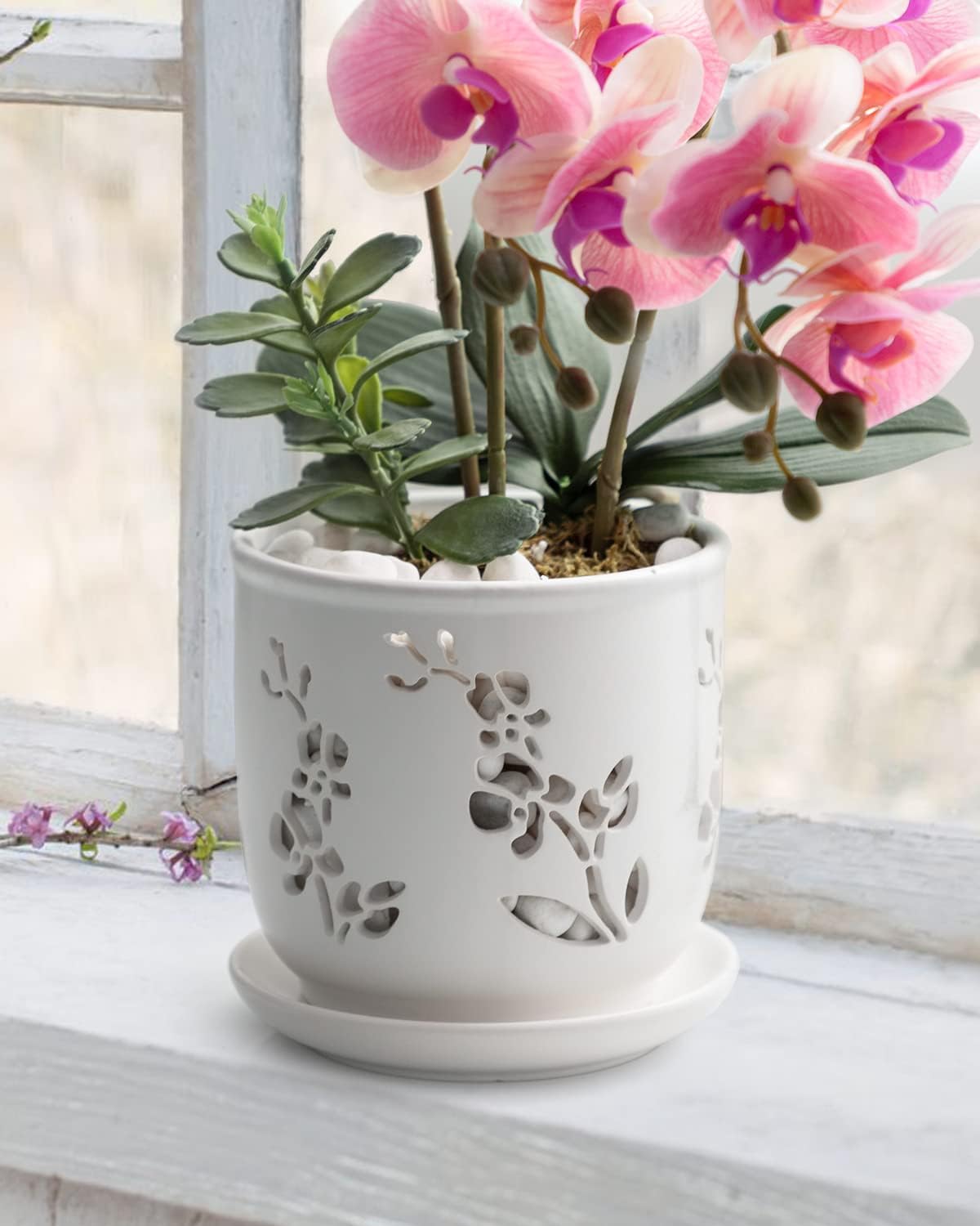 Orchid Pot, 6.5 inch Large Orchid Pots with Holes for Healthy Growth and Easy Repotting, Premium Ceramic Orchid Planter for Indoor and Outdoor Use, (Note : Plant Not Included)