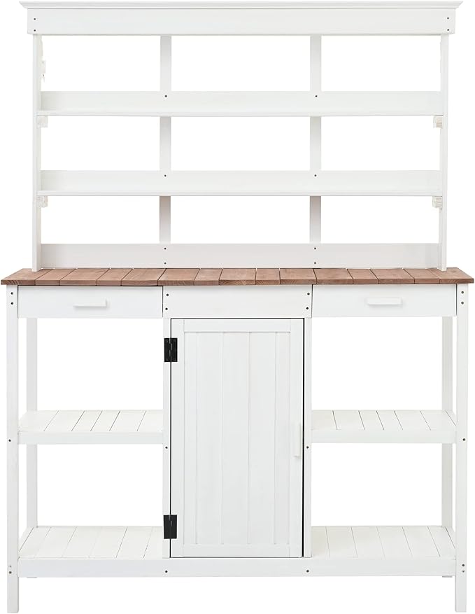 Outdoor Wooden Potting Bench Table – Farmhouse Garden Workstation with Drawers, Cabinet & Storage Shelves, Large Fir Wood Work Table for Patio, Backyard, Mudroom, Greenhouse (White, 66'' H)