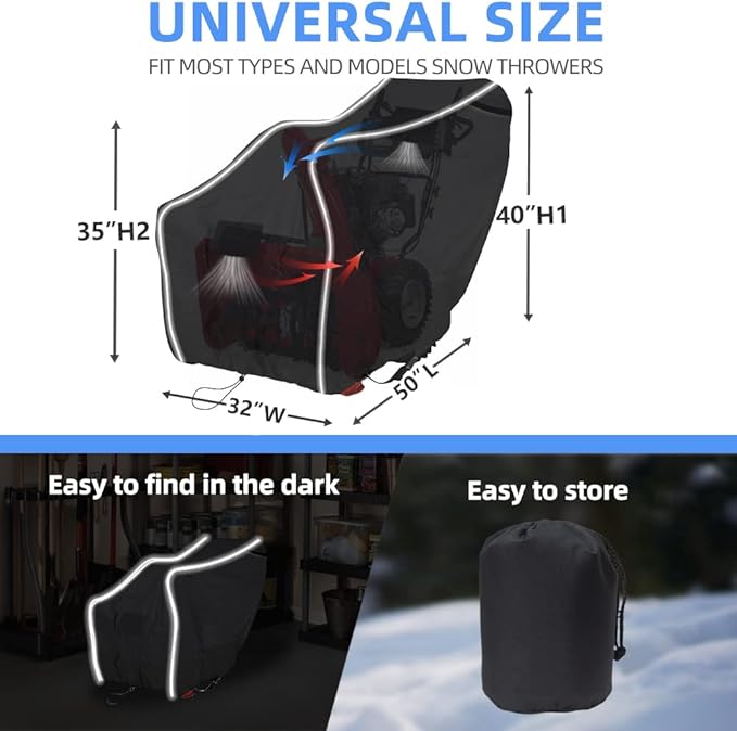 Heavy-Duty 600D Fade and Crack Resistant Snow Blower Covers, Waterproof, Snow Proof,UV-Proof Snowblower Cover Universal Fit，Snow Thrower Cover with Reflective Strips (50" L x 33" W x 40" H)