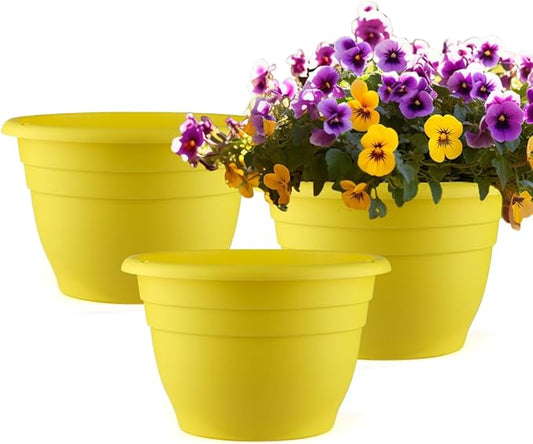 3 Pack 11 Inch Plant Pots with Drainage Hole and Plug, Durable Plastic Flower Pots for Indoor & Outdoor Plants, Elegant Mordern Plant Pots Perfect for Herbs, Flowers & Succulents, Yellow