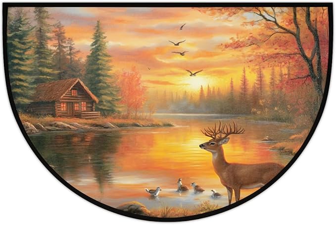 cfpolar Fall Non-Slip Soft Half Round Door Mat, Autumn Deer Maple Forest Semicircle Mat for Indoor Entrance Garage Bath Living Room Patio 24 x 36 in