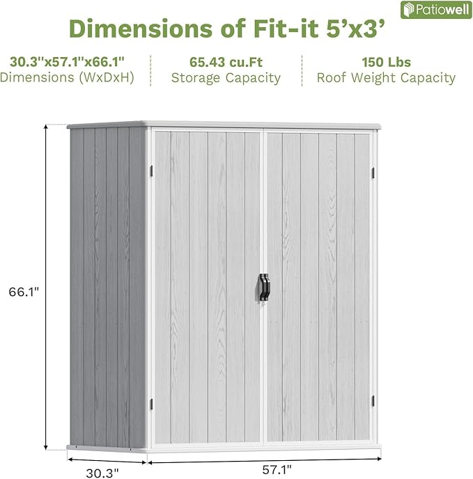Patiowell Outdoor Storage Shed 5x3 FT, Plastic Garden Organizer Cabinet with Lockable Doors & Strong Roof for Patio Furniture, Pool Accessories, Lawn Tools, Light Grey