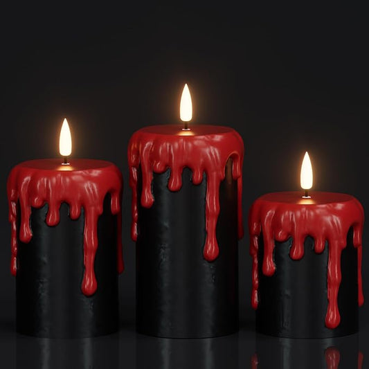 Eldnacele Black Flameless Pillar Candles Battery Operated with 6H Timer, Red Real Wax Dripping Effect 3D Wick Flickering LED Candle Lights Dinner Halloween Decoration(3 Pack, 3 x 4,5,6 Inches)