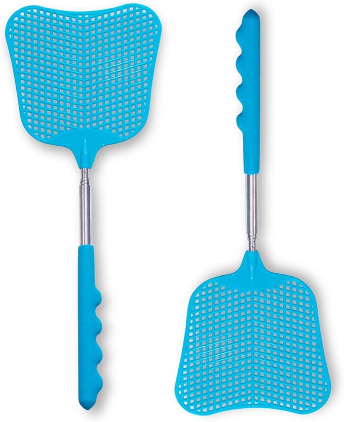 Fly Swatters 2 Pack, Durable Telescopic Stainless Steel Handle, Heavy Duty Blue Bug Zapper Racket, Upgraded Plastic Fly Swatter Set for Indoor Outdoor Home Hiking Camping Garden