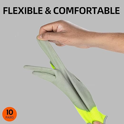 Vgo... 10-Pairs Safety Work Gloves, Gardening Gloves, Polyurethane Coated, Dipping Gloves, Latex Free (Size L, Yellow, PU2103)
