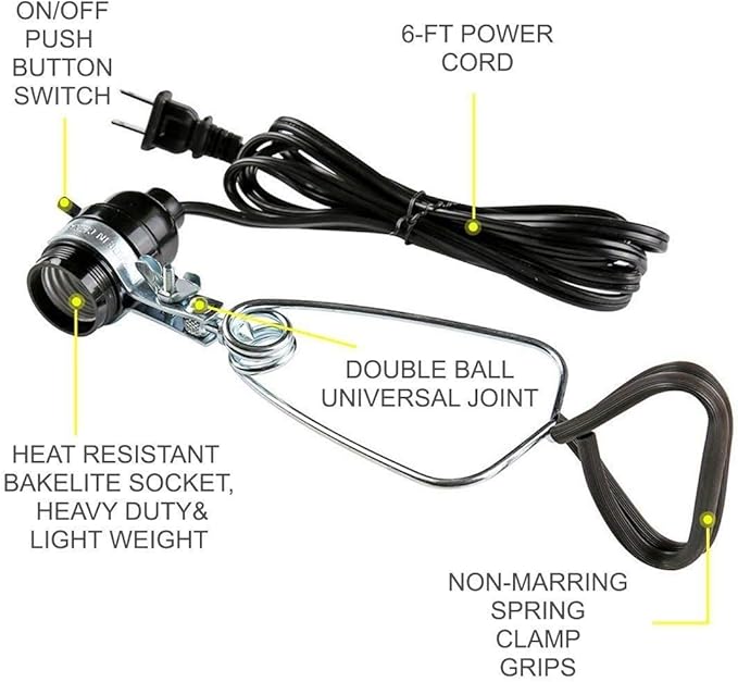 Simple Deluxe HIWKLTCLAMPSOCKETX2 2-Pack 18/2-Gauge Brooder and Heat Clamp Lamp with Bakelite Socket 150 Watt 6 Feet Cord, 2 Count (Pack of 1), Black