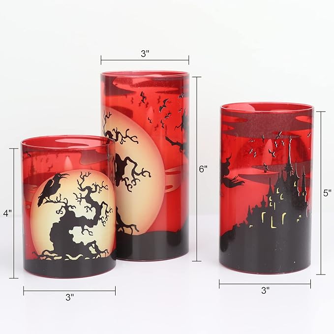 Eldnacele Halloween Flickering Candles with Witch, Crow Raven, Castle Decals, Red Glass Battery Operated Flameless LED Candles with Remote, Real Wax Candle Set of 3 Halloween Decorations