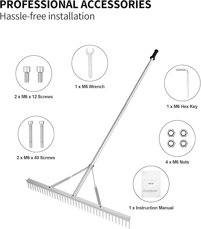 24 inches Head Aluminum Landscape Rake Landscape Rake with 104 inches Long Handle for Loosening Soil Lawn Care Weeding Lake Garden (24" Handle)