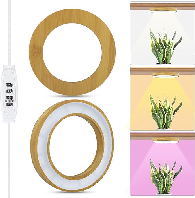 Grow Light for Indoor Plants, 144 LEDs Full Spectrum Halo Plant Light with Auto On/Off Timer (4/8/12H), 10-Level Dimmable, 3 Lighting Modes for Small Plants, Bamboo (6.3 inch Dual Head)