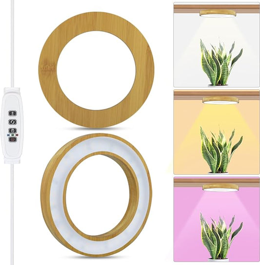 Grow Light for Indoor Plants, 144 LEDs Full Spectrum Halo Plant Light with Auto On/Off Timer (4/8/12H), 10-Level Dimmable, 3 Lighting Modes for Small Plants, Bamboo (6.3 inch Dual Head)