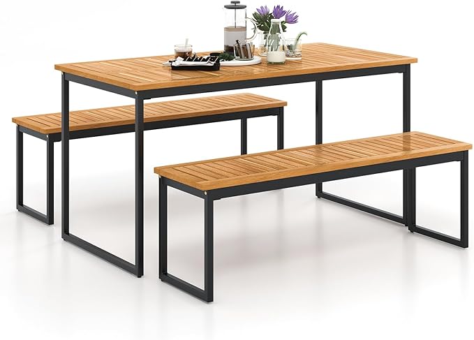 Tangkula 3 Pieces Outdoor Dining Set for 6 People, 55 inch Rectangle Patio Table & 2 Benches with Acacia Wood Tabletop, Metal Frame & Umbrella Hole, Dining Furniture for Yard, Garden, Poolside