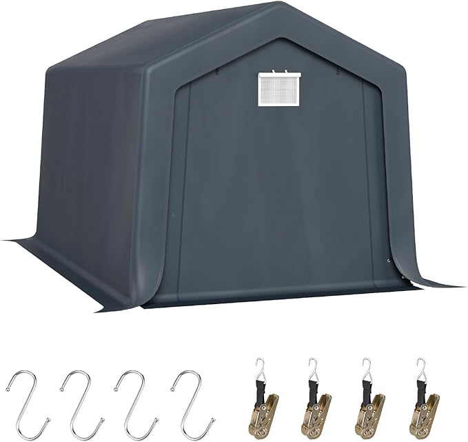 GREEN PARTY Storage Shelter Shed, 8x12 ft Portable Shed Outdoor Carport with Roll-up Zipper Door & Vents, Outdoor Storage Shed Portable Garage for Motorcycle, Bike, Waterproof & UV Protected, Gray