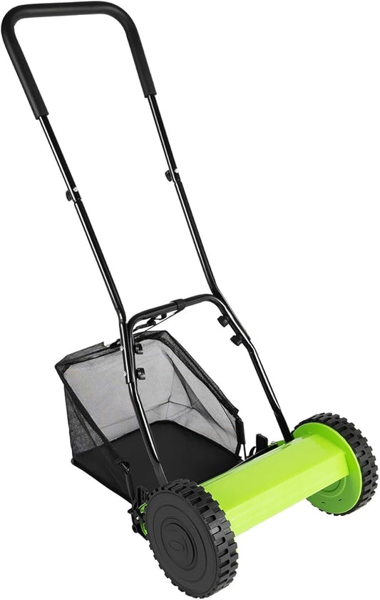 12In Manual Lawn Mower with 6-Gal Grass Catcher 5 Manganese Steel Blades Adjustable Height Rust-Proof Push Reel Lawn Mower for Gardens, Yards, Parks