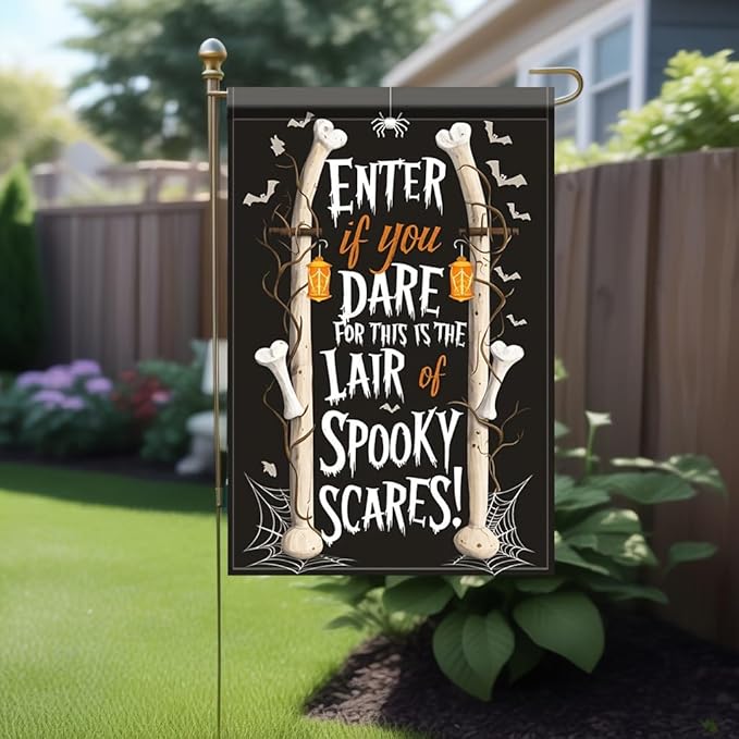 Saoplasa Halloween Garden Flag Enter lf You Dare Spooky Bones 12x18 Inch Double Sided OutdoorYard Banner for Haunted House Trick or Treat Skeleton Bone Spider Web Halloween DecorationDecor
