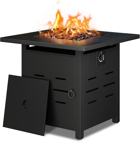 Vongrasig 28 Inch Gas Fire Pit, 50,000 BTU Propane Fire Pits for Outside, Steel Square Fire Table with Lid and Lava Rock, Patio Deck Garden Backyard