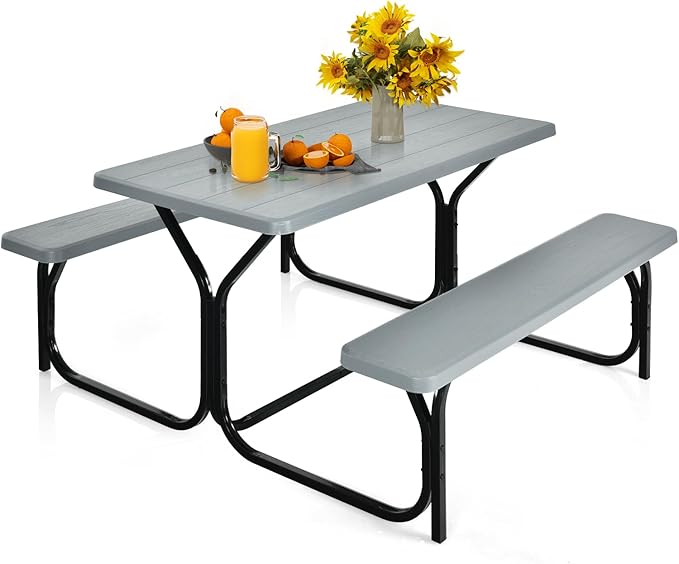 Moccha Picnic Table Bench Set - Portable Plastic Picnic Table w/Steel Frame & Wood-Like Texture, All Weather Heavy Duty Picnic Table Kit, Picnic Tables for Outdoors Garden Patio Party Dining (Grey)