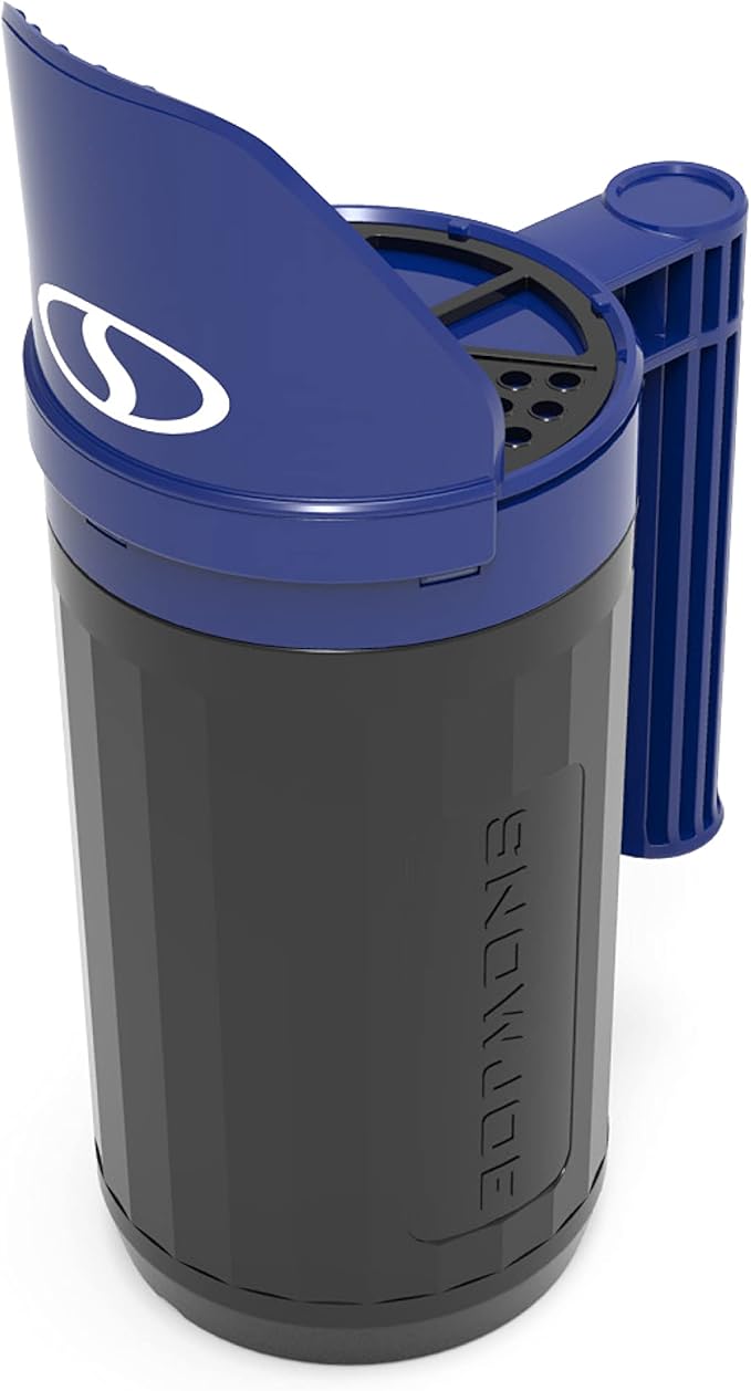 Snow Joe SJSPD1 Handheld All-Season Multi-Purpose Spreader, 5 lbs, w/Adjustable Dial Flow Control, for Ice Melt, Grass Seed and More, Blue/Black