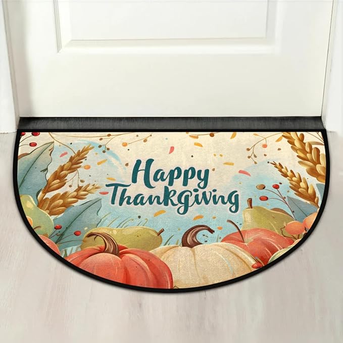 cfpolar Half Round Door Mat, Thanksgiving Day Semicircle Welcome Mat for Indoor Entrance, Garage, Patio - 24 x 36 in